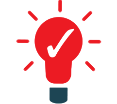 A red light bulb with a white check mark inside it is depicted. It has red lines radiating from it,