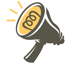 Illustration of a black megaphone with a yellow and white speaker cone. Yellow lines near the cone signify sound or announcement.