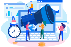 Illustration of people interacting with large devices and tools, including a laptop, a clock, a magnifying glass, and a globe.
