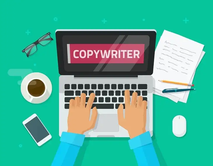 Illustration of a person typing on a laptop with the word "COPYWRITER" on the screen.