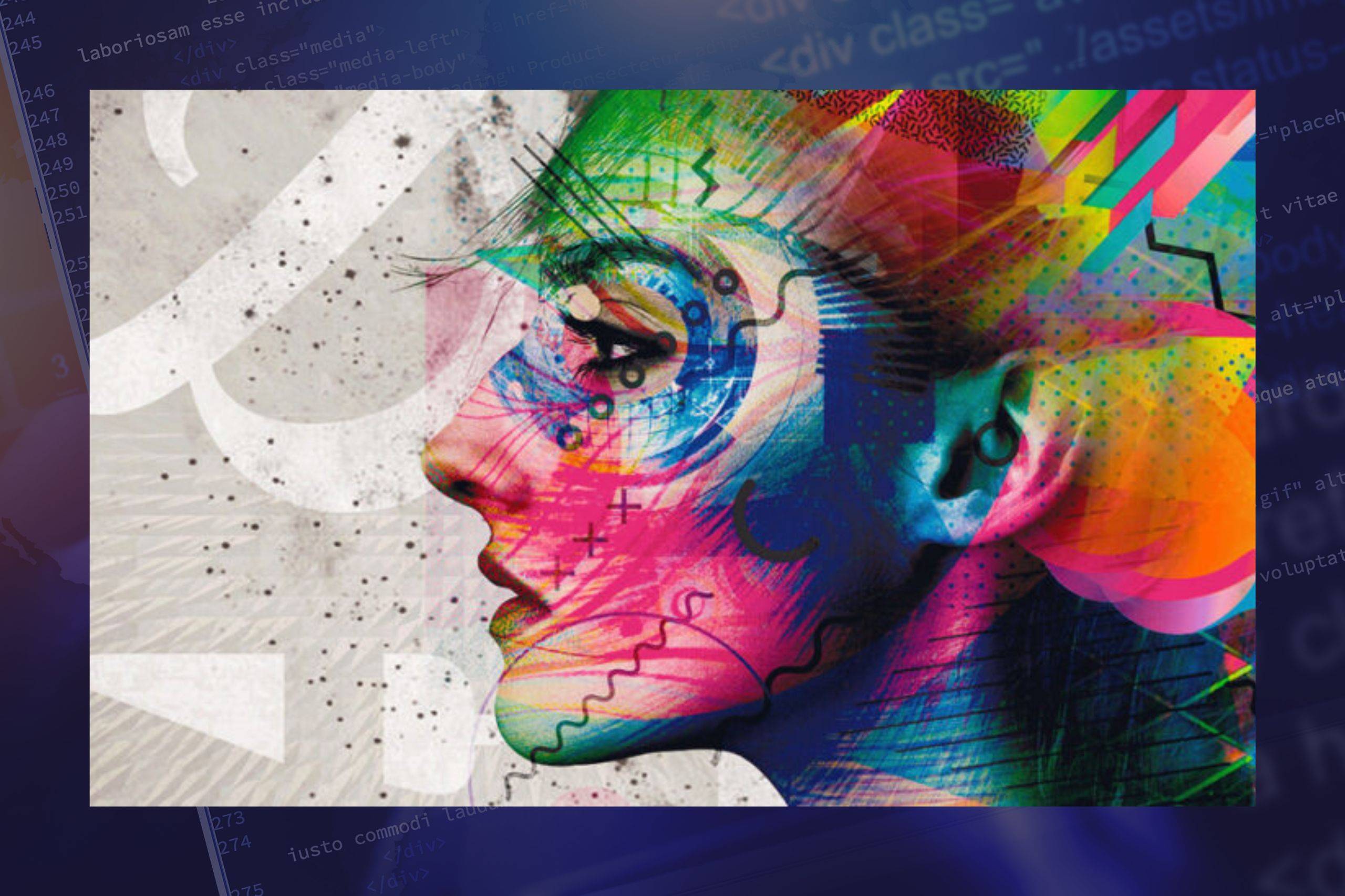 An abstract digital illustration of a woman head made up of colorful geometric shapes.